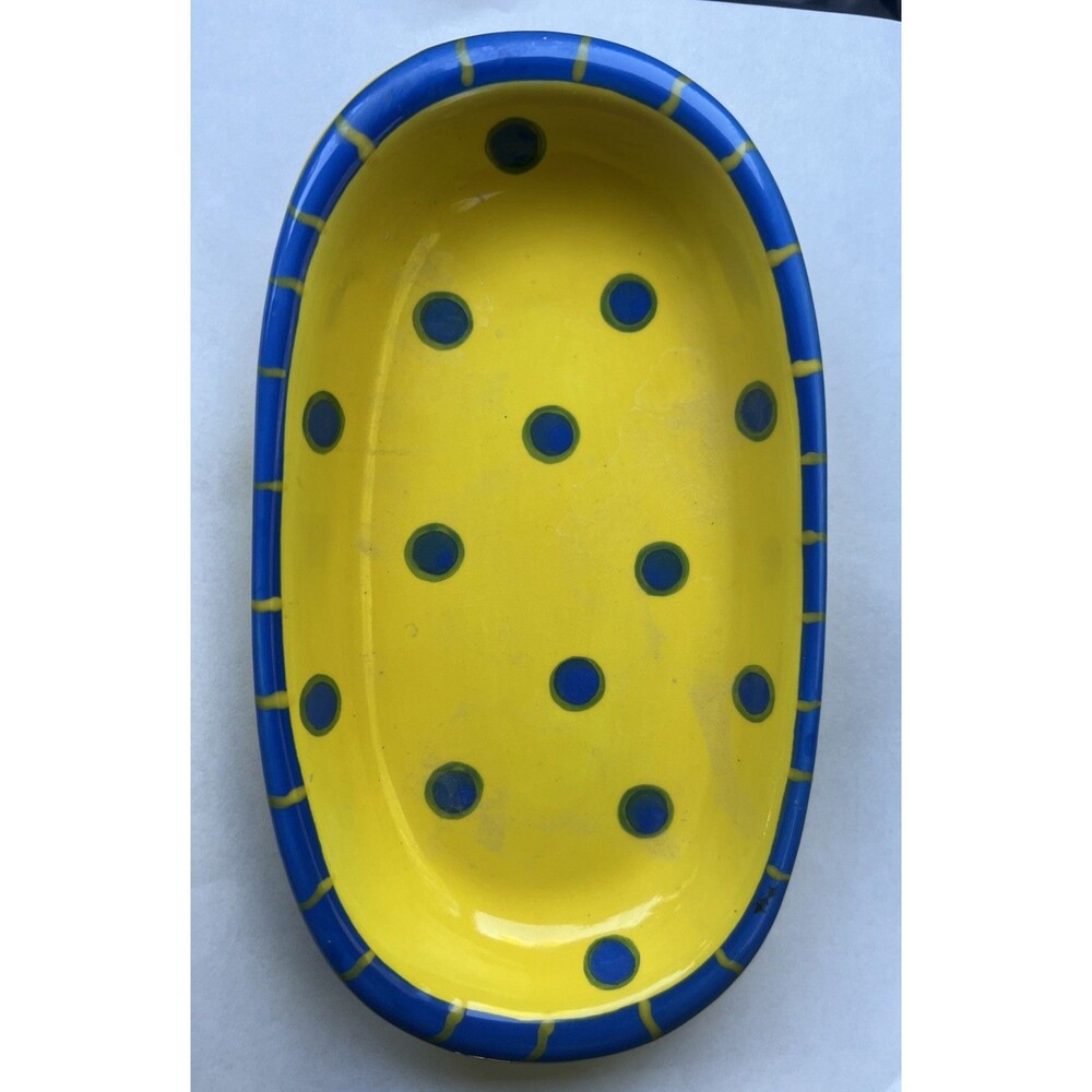Berryware 9” Serving Tray / Dish - Yellow w/Blue Polkadot - Hand Painted - Nice